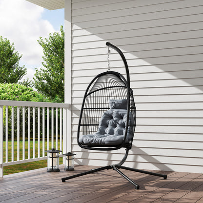 Outsunny Rattan Hanging Egg Chair with Stand, Foldable Wicker Swing Egg Chair with Cushion, Head Pillow, Steel Frame, Hammock Chair