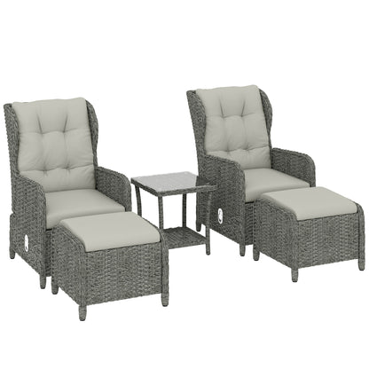 5 Piece Rattan Garden Furniture Set | 2 Reclining Chairs & 2 Footstools | Side Table | 90-135° Backrest | Aluminium Frame | Washable Cushions | 120kg | Cream White