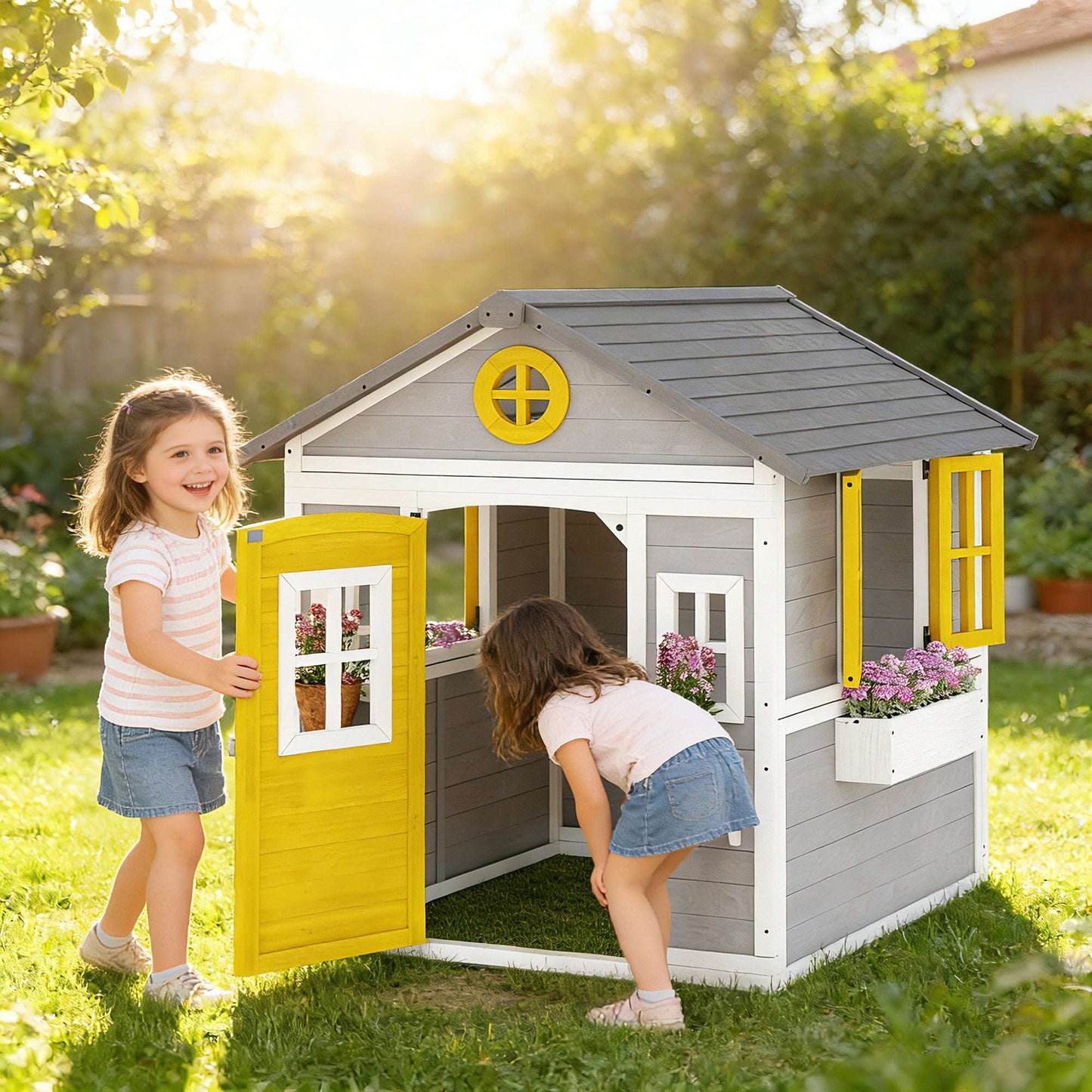 Solid Fir Wood Kids Outdoor Playhouse | Openable Windows | Planter Boxes & Plant Pots | Sloped Roof | EN71 Certified | Ages 3-8 | 135x114x126cm | Grey Yellow & White