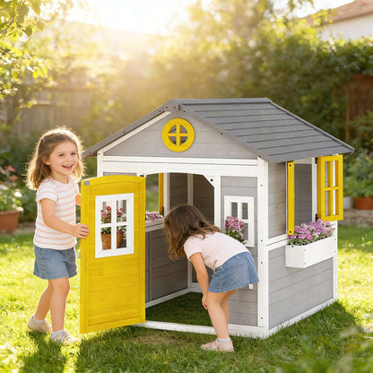 Solid Fir Wood Kids Outdoor Playhouse | Openable Windows | Planter Boxes & Plant Pots | Sloped Roof | EN71 Certified | Ages 3-8 | 135x114x126cm | Grey Yellow & White