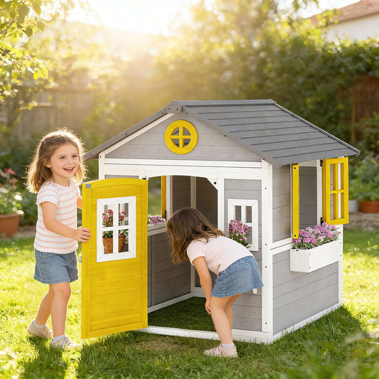Solid Fir Wood Kids Outdoor Playhouse | Openable Windows | Planter Boxes & Plant Pots | Sloped Roof | EN71 Certified | Ages 3-8 | 135x114x126cm | Grey Yellow & White