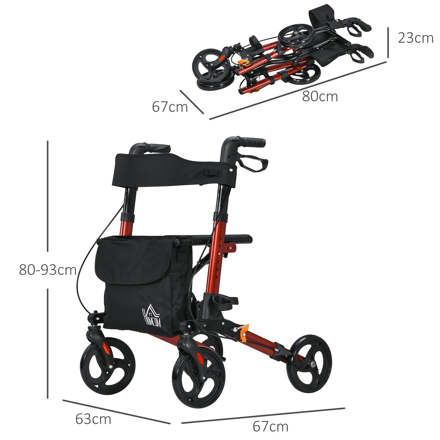 4 Wheel Rollator With Seat and Back, Folding, Adjustable Height, Dual Brakes, Cane Holder, Lightweight Aluminium Frame - Red