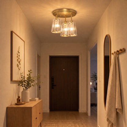 3-Light Crystal Glass Ceiling Light | Triple E27 Sockets | Clear Crystal Shades | Ø32cm | 40–120W | 220–240V | Hallway Bedroom Living Room | Bulbs Not Included | Gold Tone