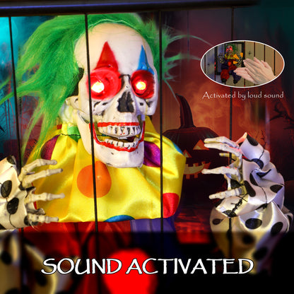 Halloween Animated Hinging Clown in Cage with Glowing LED Eyes, Spooky Clown Scary Halloween Decorations, Battery Operated, Indoor Party Props