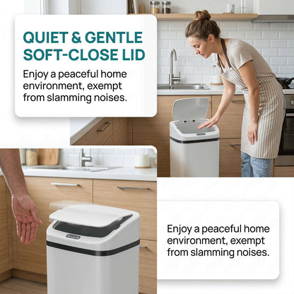 48L Infrared Sensor Bin | Opens in 0.5s | Quiet Close in 4-7s | Fingerprint-Resistant Stainless Steel | No Inner Bucket | 4xAA Batteries | No Assembly | 33x25x69cm | White