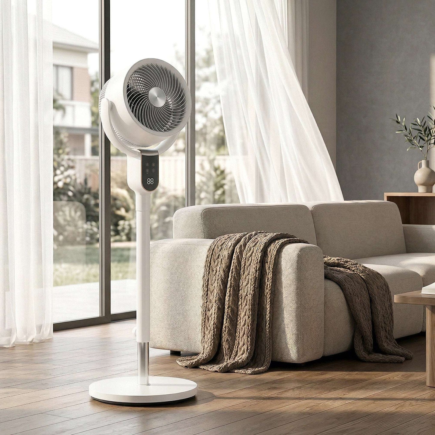 Pedestal Standing Fan | Turbo Mode | 20dB Sleep Mode | 8 Speeds | 16m³/min Airflow | 90° Oscillation | Aromatherapy Pad | Detachable Washable Grill | 5m Remote | 12H Timer | 50W | 83-107cm | White