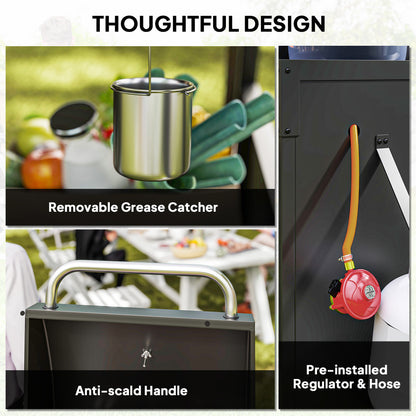 3+1 Burner Gas BBQ Grill with Storage Cabinet and Shelves, 11.6 kW Gas Barbecue Trolley with 6 Castor Wheels, Warming Rack, Thermometer