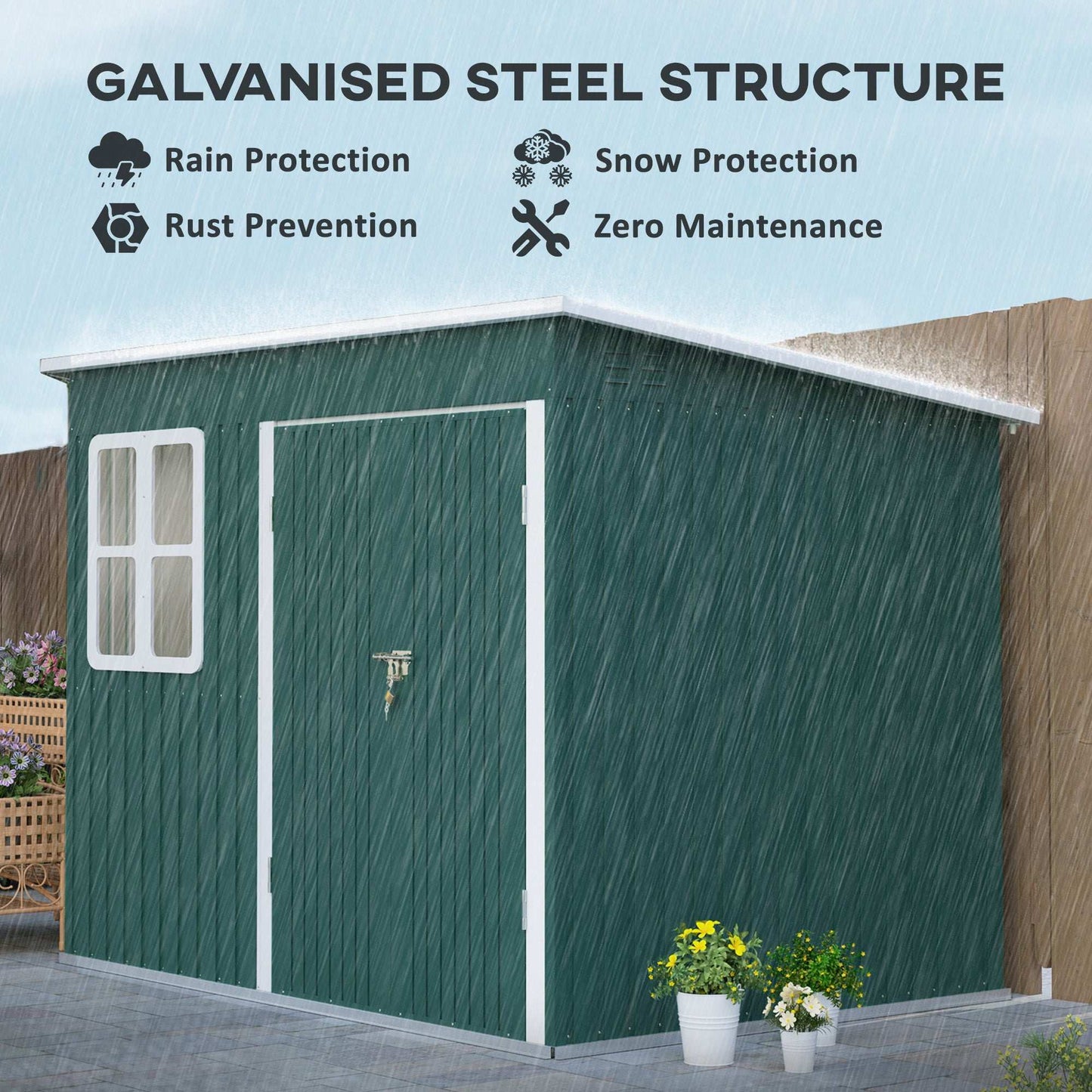 8.5 x 6ft Storage Shed Galvanised Steel Garden Shed, Metal Shed W/ Foundation Kit, Window, Lockable Wide Doors, Air Vents for Outdoor, Green