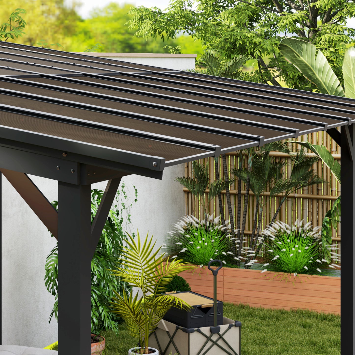 3 x 4.3m Metal Pergola with UPF 50+ and Waterproof Polycarbonate Roof, Wall-Mounted or Free Standing Garden Gazebo Outdoor Sun Shade