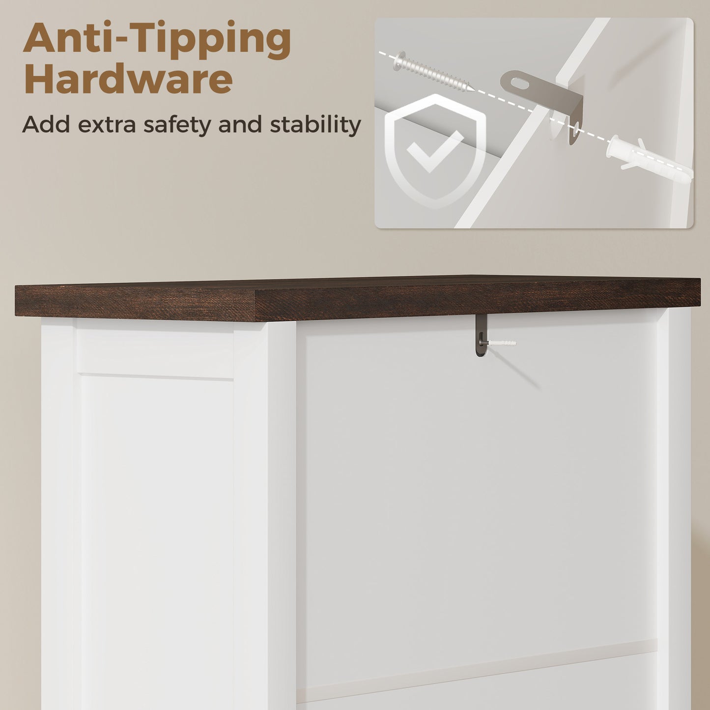 Farmhouse Narrow Shoe Cabinet | 2 Flip Drawers & Top Drawer | Adjustable Shelves | 8-12 Pairs | Slim 26.5cm Depth | Max UK 9.5 | Anti-Tipping | MDF | 60x26.5x108.5cm | White