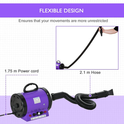 PawHut 2800W Dog Pet Grooming Hairdryer Heater With Three Nozzles - Purple / Black