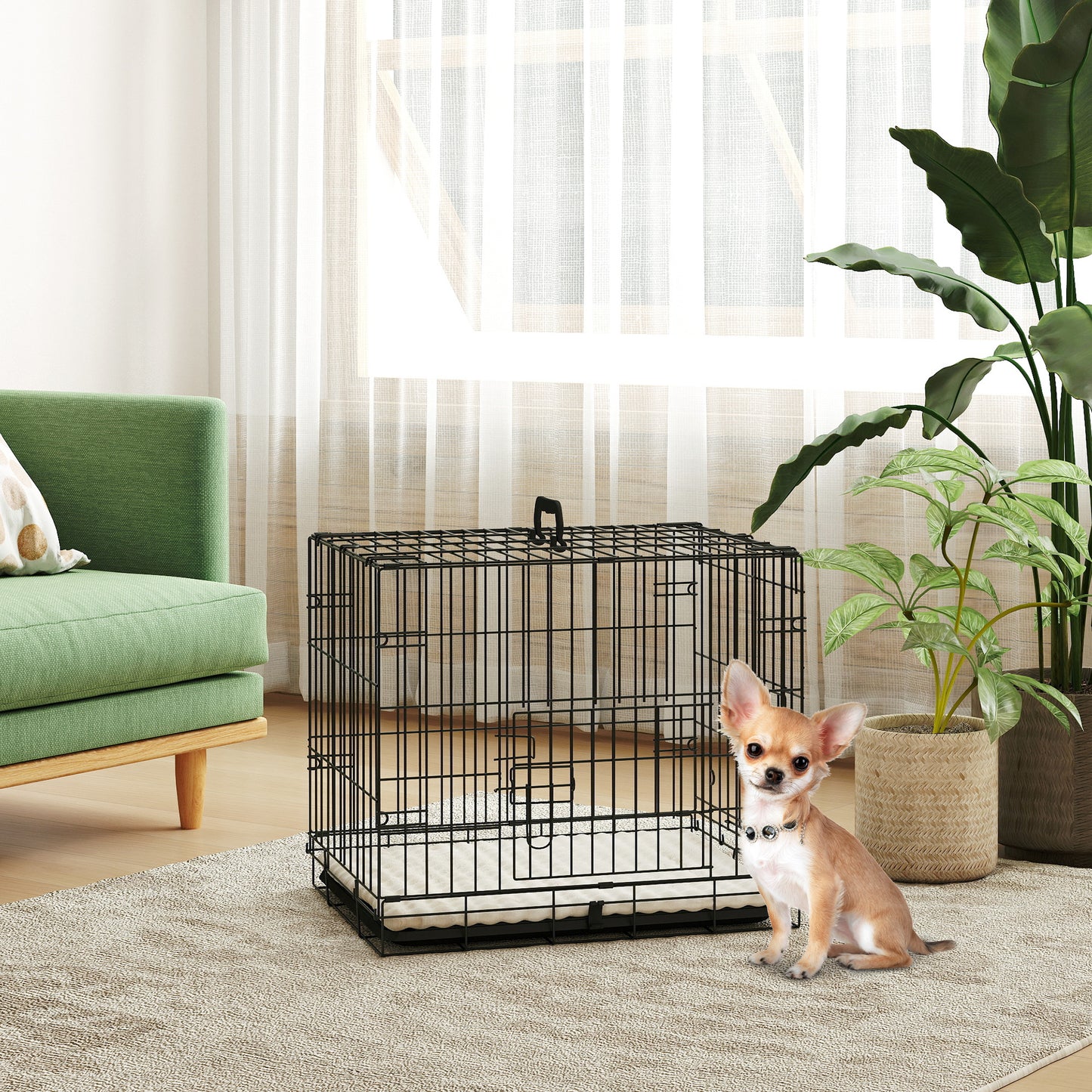Foldable Dog Crate XS | 2 Doors | Soft Washable Cushion | Removable ABS Tray | Extra Small Dogs up to 4kg | 60 x 40 x 50cm | Black
