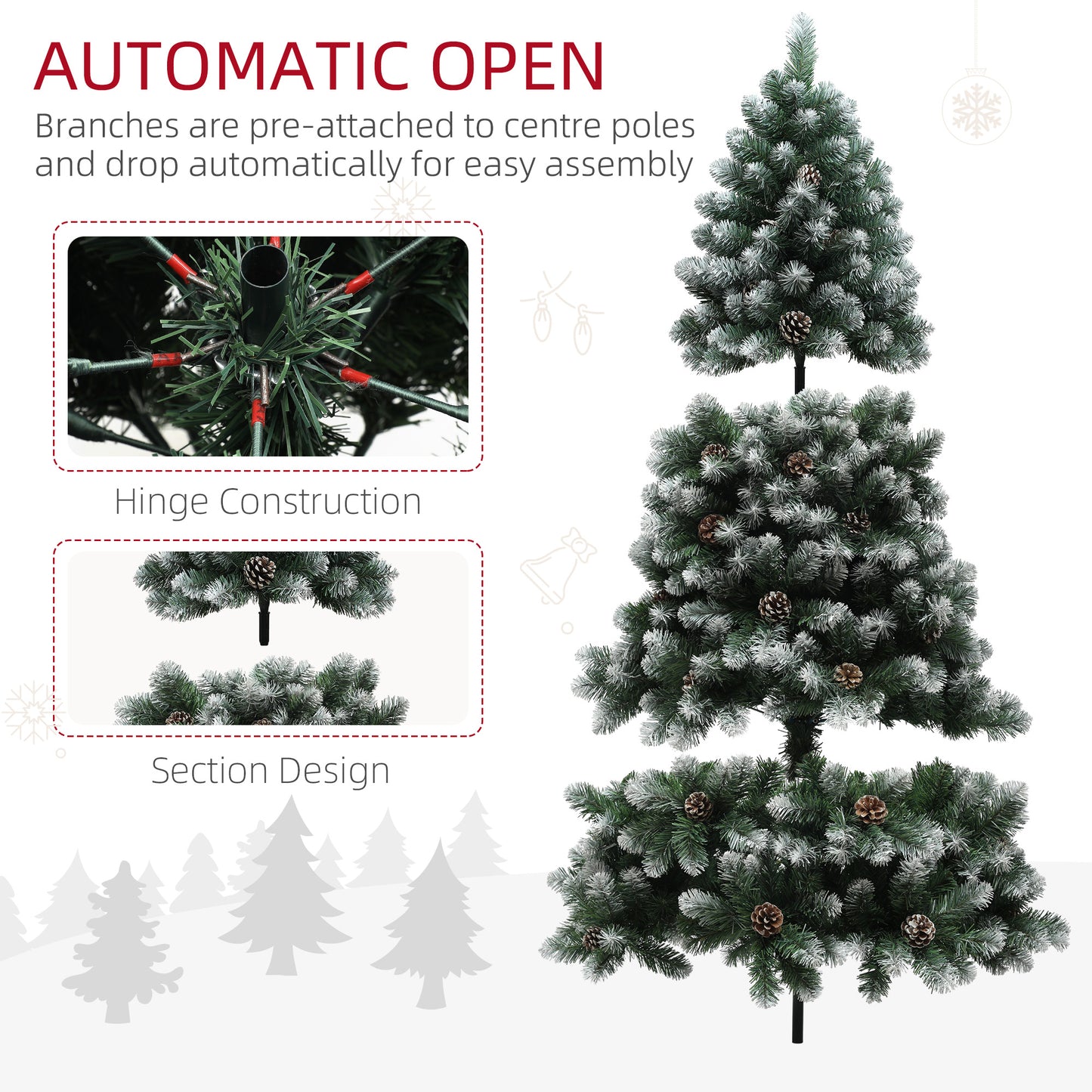 6ft Artificial Pine Christmas Tree with 774 Branch Tips and Steel Base, Realistic Hinged Tree with Pinecones, Holiday Décor for Home Office, Green