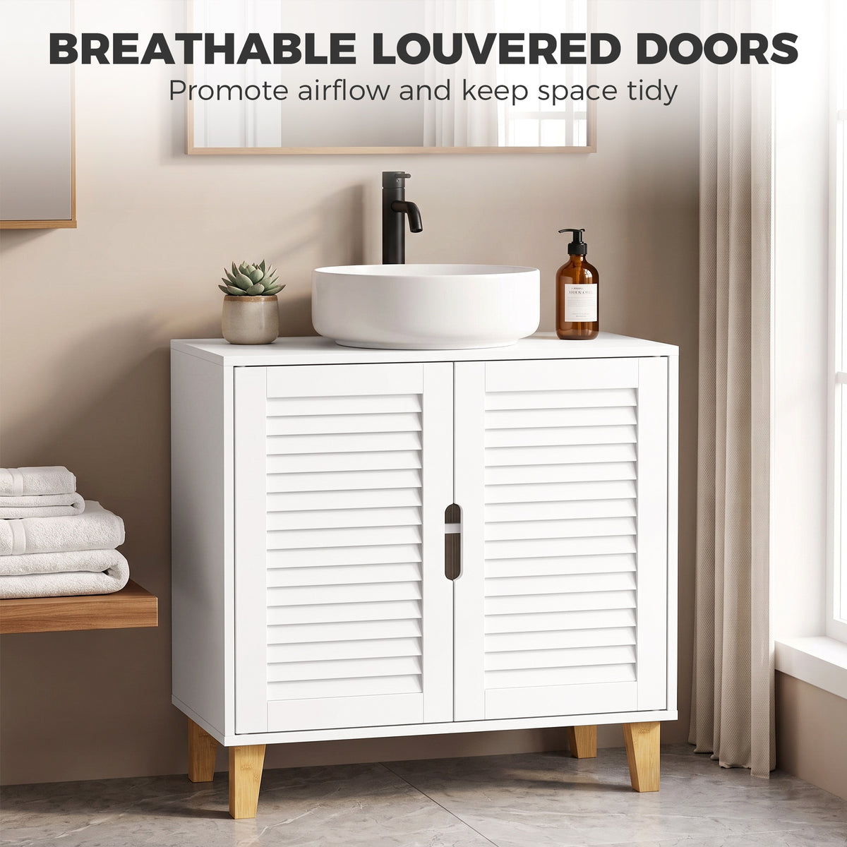 Under Sink Bathroom Cabinet | 60W x 30D x 60H cm | 2 Louvre Doors, Adjustable Shelf & Bamboo Legs | White & Natural