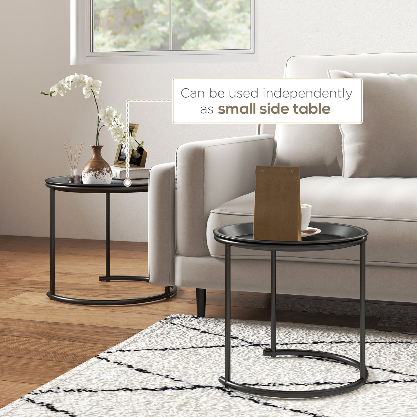 Nesting Tables Set of 2, Side End Table with Removable Tabletop Tray and Steel Frame for Living Room, Bedroom, White