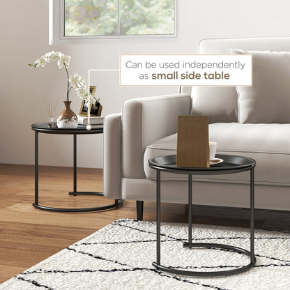 Nesting Tables Set of 2, Side End Table with Removable Tabletop Tray and Steel Frame for Living Room, Bedroom, White