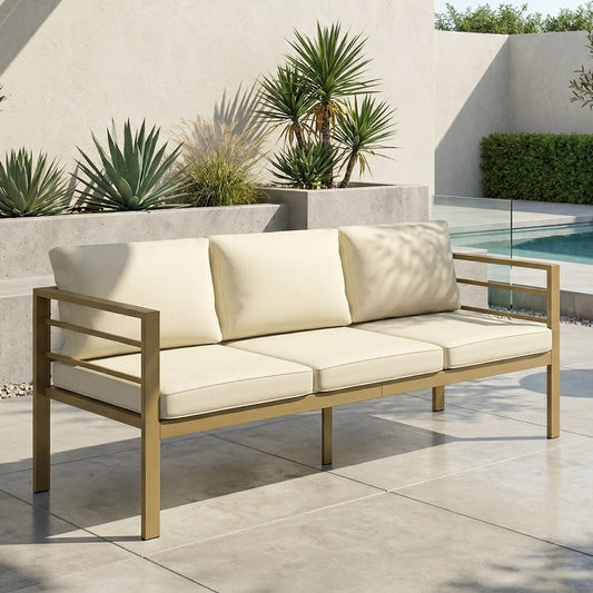 3-Seater Garden Bench Sofa | Thick Cushions | Aluminium Frame | Cream White | 185cm