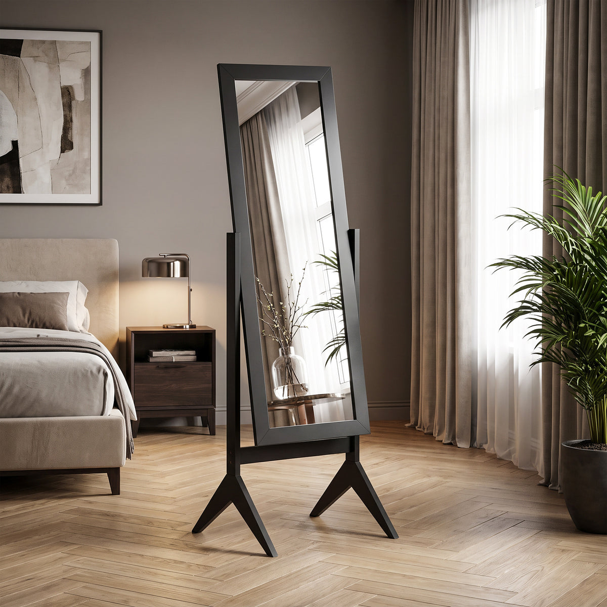 Freestanding Full-Length Dressing Mirror | Black E1 MDF & Glass | 47x46x148cm | Mirror 118x42cm | Tilts to 2 Angles | 4-Foot Stable Base | Bedroom Bathroom Hallway | Flat Pack