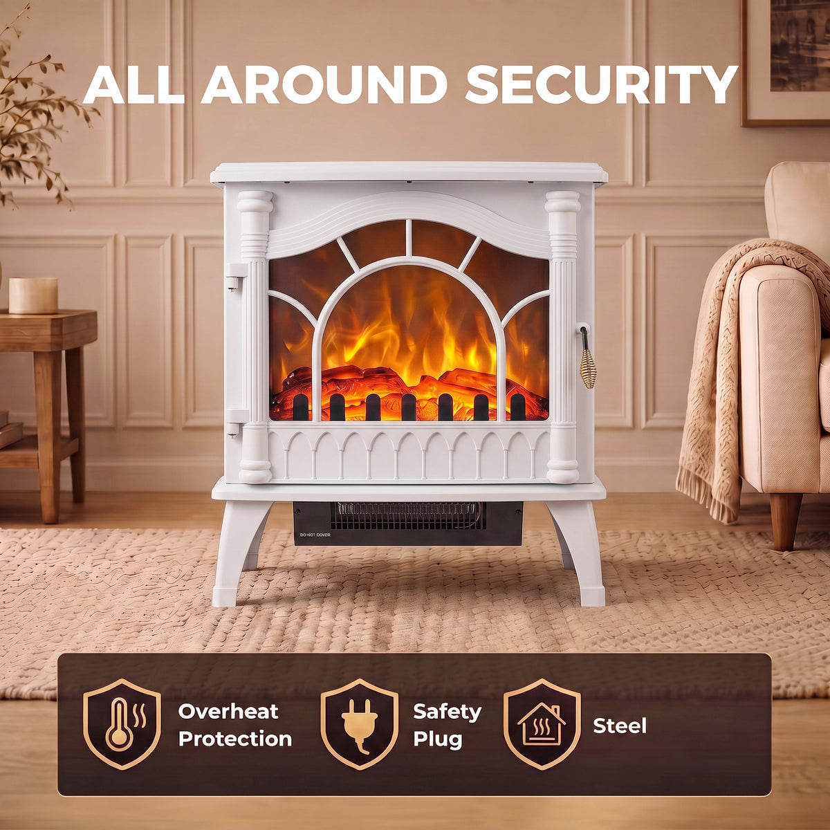 White Electric Fireplace Stove | 3-Sided Glass Flame Effect Fan Heater, 1000W/2000W, 15–30 m² Coverage | Freestanding