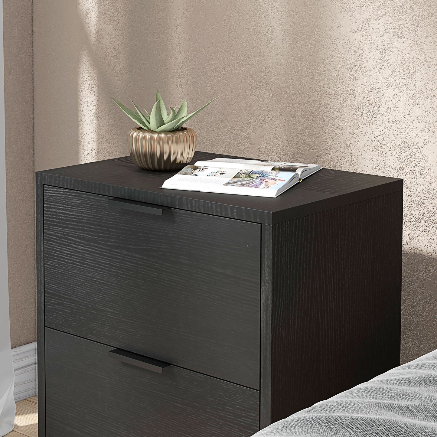Bedside Tables Set of 2, Modern Nightstand with 2 Drawers, Small Sofa End Tables with Storage and Steel Legs for Bedroom, Living Room, Black