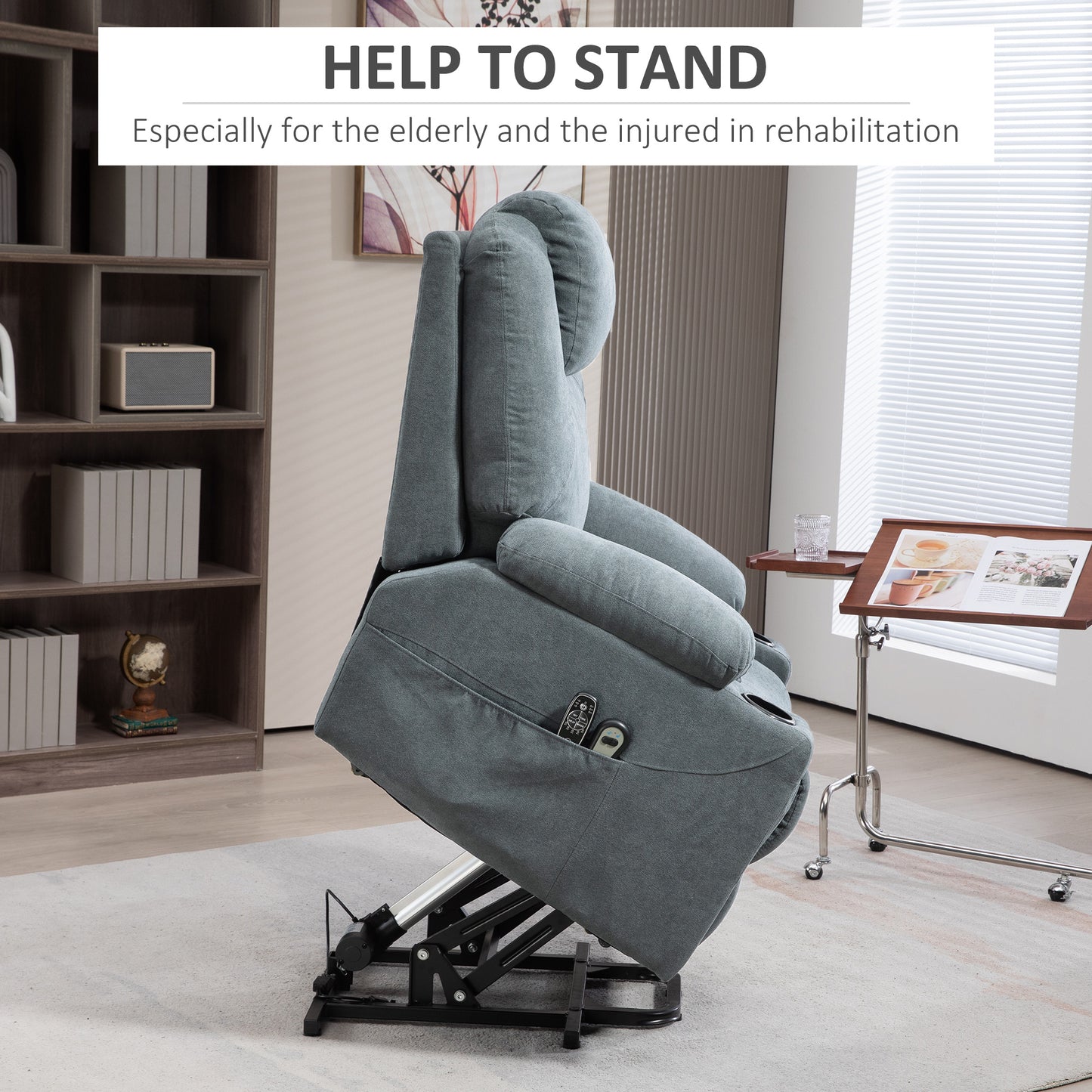 Lift Chair, Quick Assembly, Riser and Recliner Chair with Vibration Massage, Heat, Cup Holders, Charcoal Grey