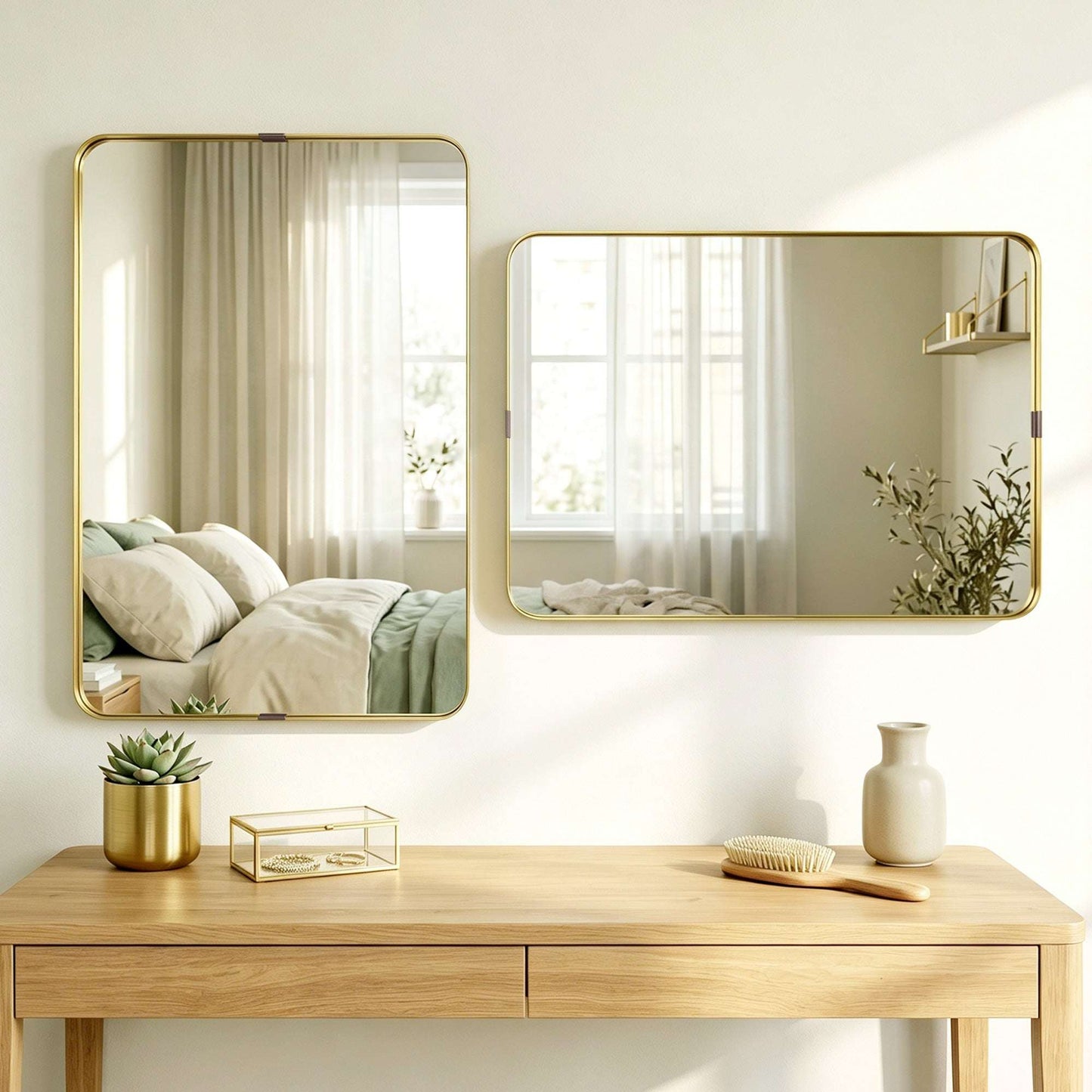 Rectangular Wall Mirror | Shatterproof Tempered Glass | Anodised Aluminium Alloy Frame | 4cm Deep 3D Effect | Soft Rounded Corners | No Assembly | 60x4x90cm | Gold Tone