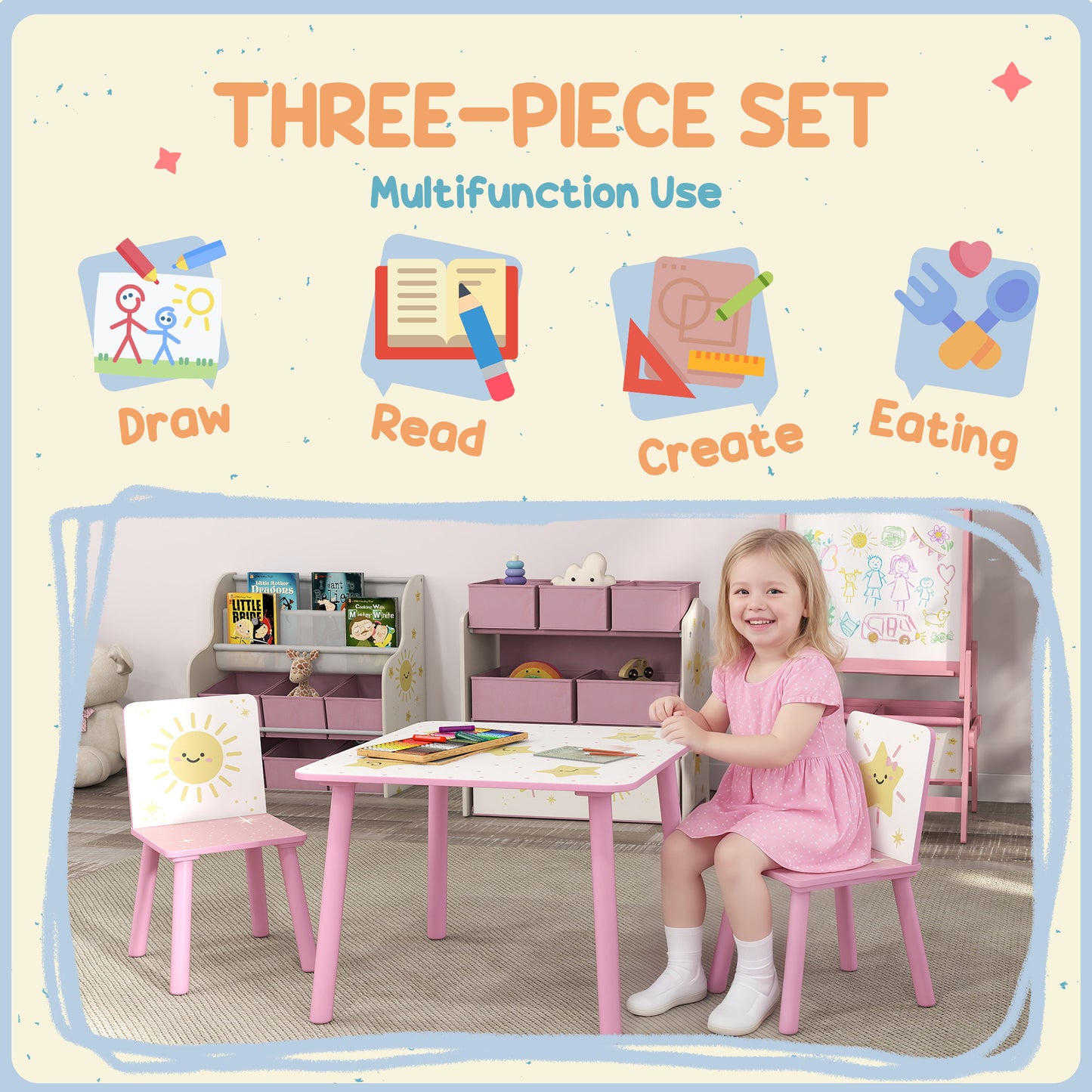 AIYAPLAY 3-Piece Toddler Table and Chair Set, Kids Table with 2 Chairs Set for Bedroom, Nursery, Playroom