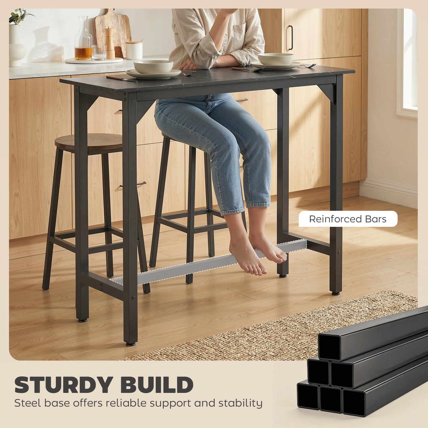 Rectangular Bar Table, Marble Effect Pub Coffee Table for Small Space, Breakfast Dining, Black Marble Effect