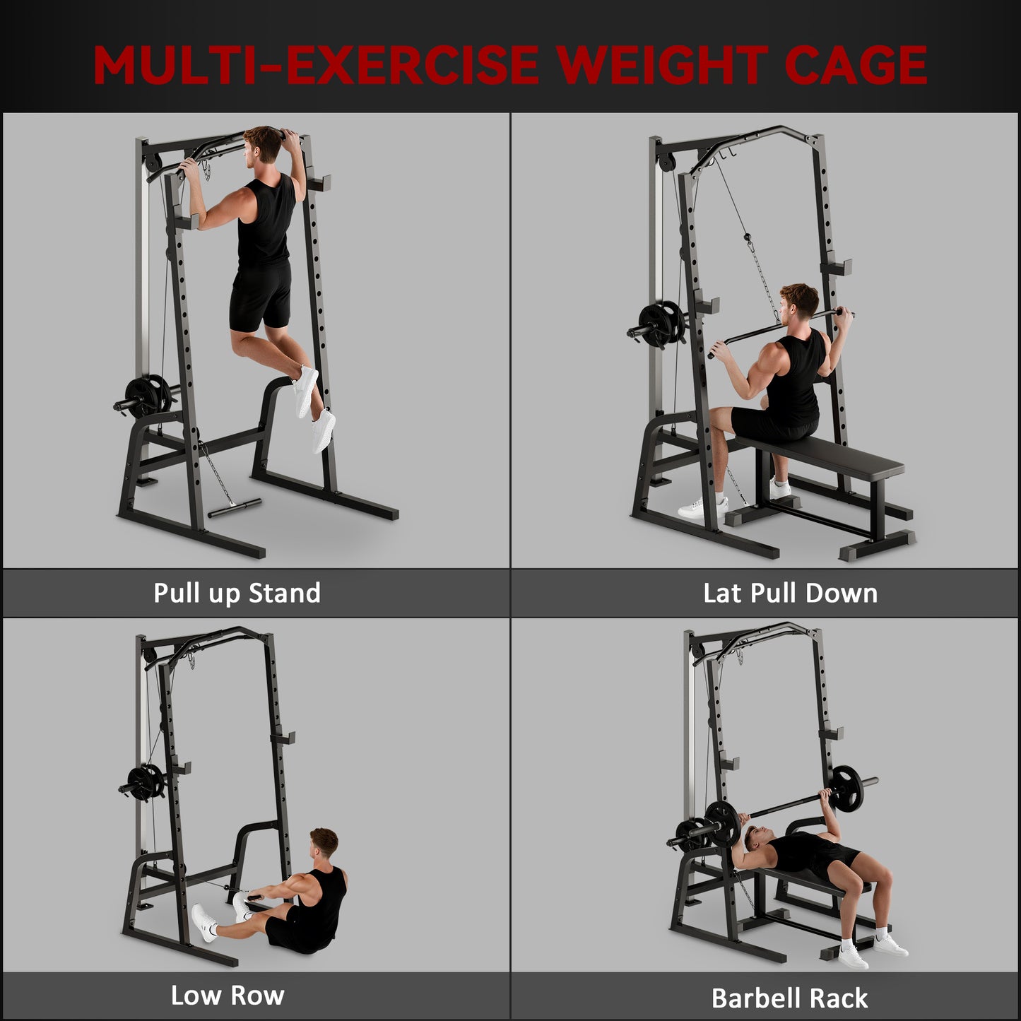 SPORTNOW Power Cage Rack with 15-Level Squat Rack, Cable Crossover Machine Pulley System, Pull up Stand and Push up Stand