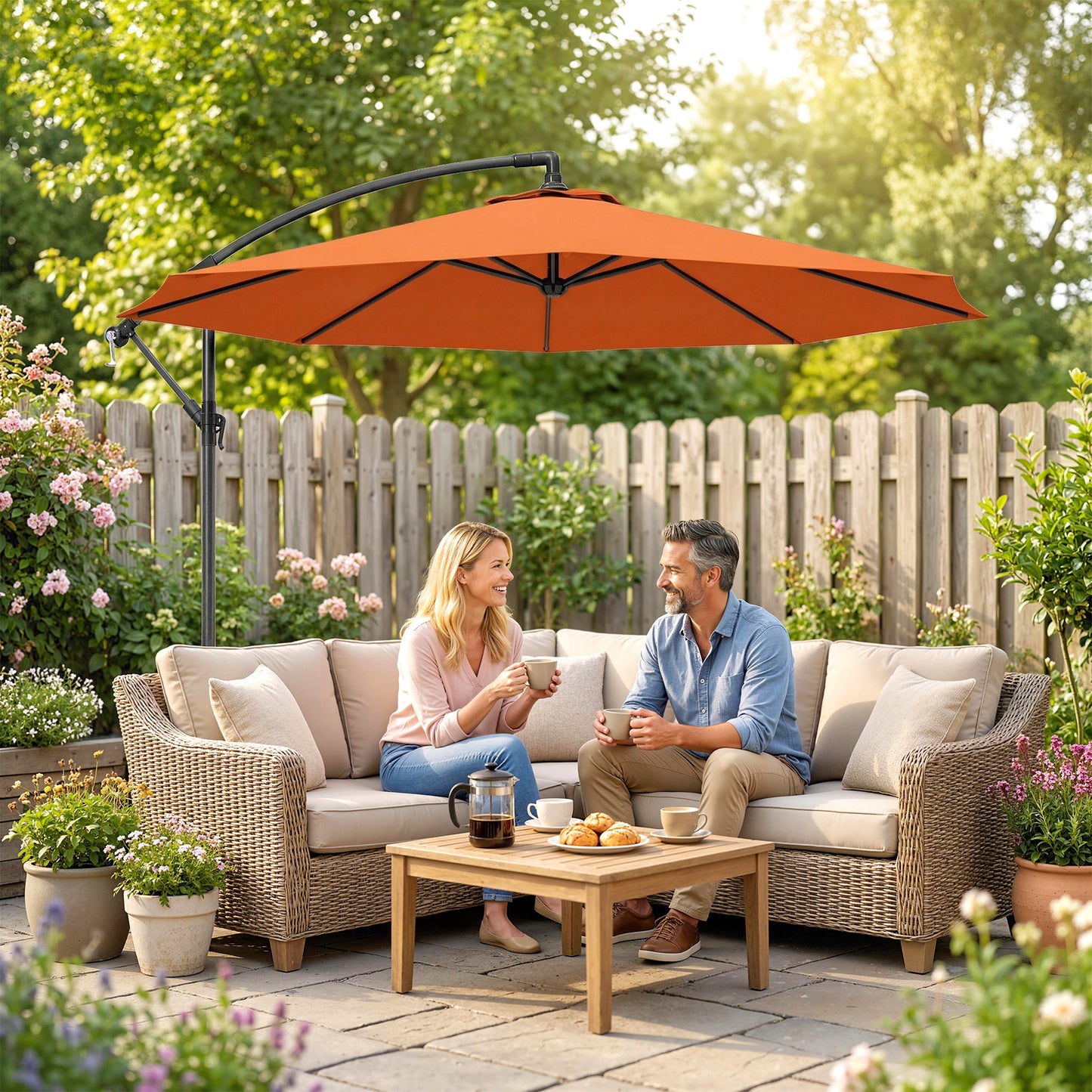 3m Cantilever Parasol | Crank Handle | Tilt Adjustment | 180gsm Polyester Canopy | 8 Ribs | Φ48mm Steel Pole | Cross Base Included | 2.95m Diameter | Orange