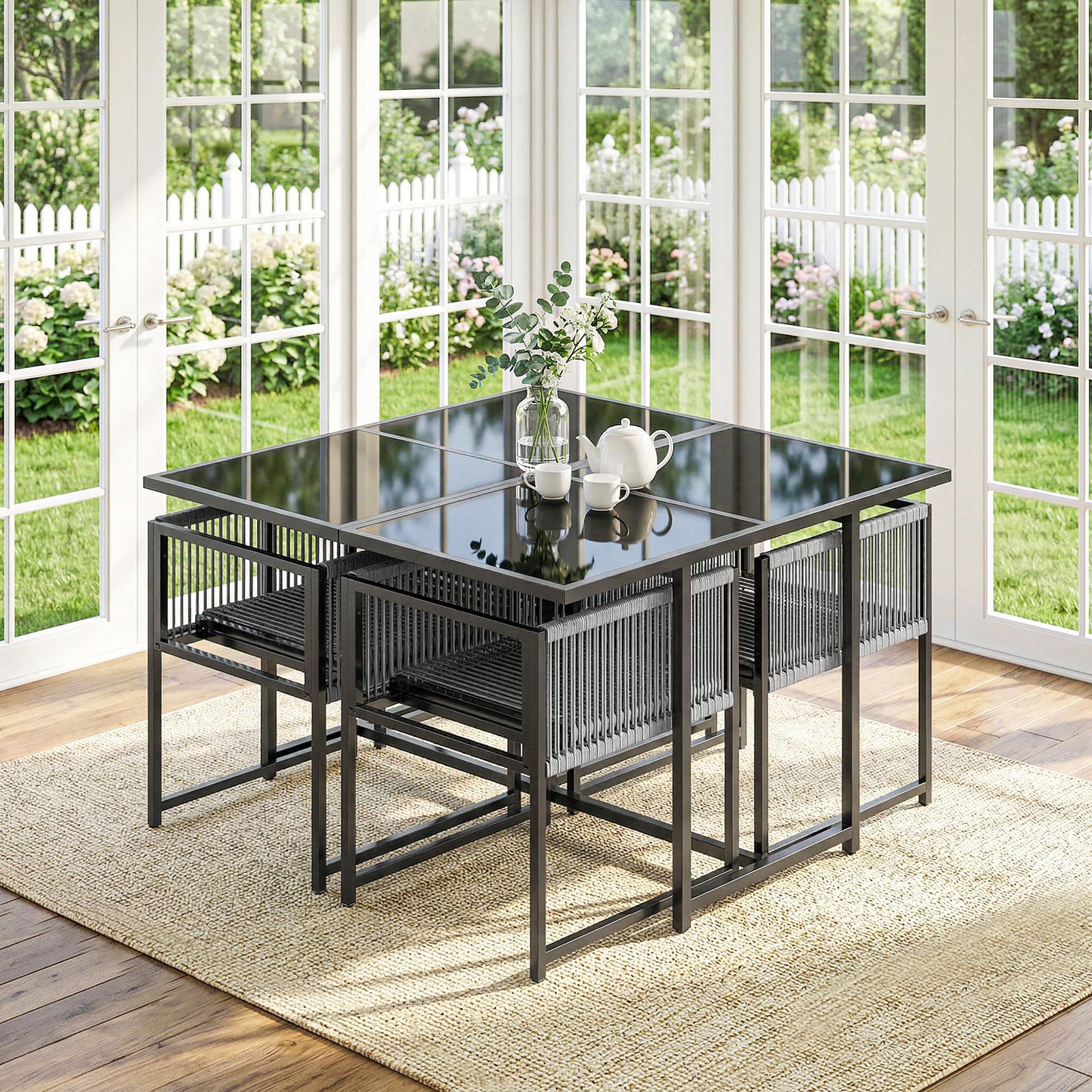 5-Piece Garden Dining Set | Tempered Glass Table | Foldable Chairs | Texteline | Light Grey