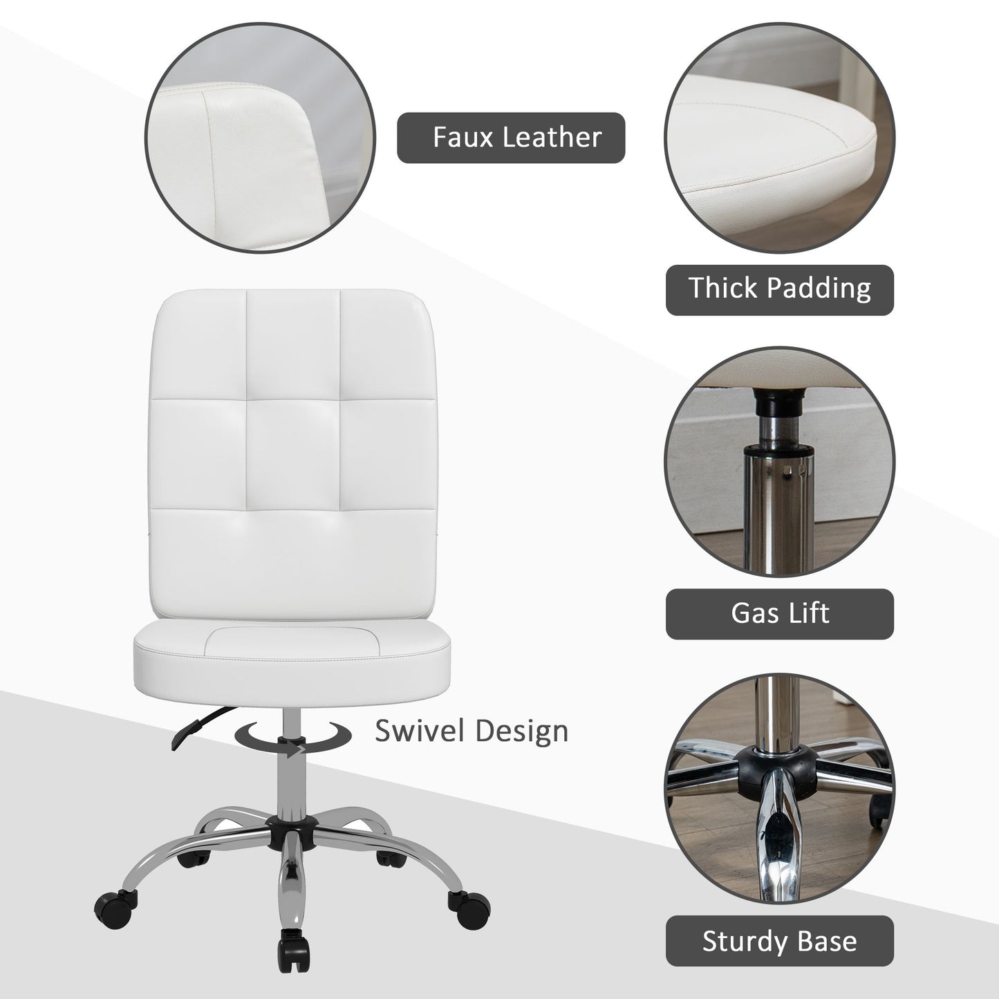 Vinsetto Armless Office Chair Faux Leather Desk Chair with Adjustable Height White