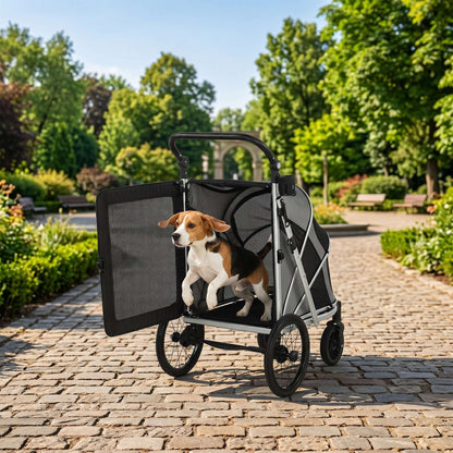 Dog Stroller for Small & Medium Dogs | Rust-Resistant Aluminium Frame | Breathable Mesh Windows | Adjustable Handlebar | Removable Cushion | Quick Fold | 16" & 8" Wheels | 20kg Max | 94x69x118cm | Grey