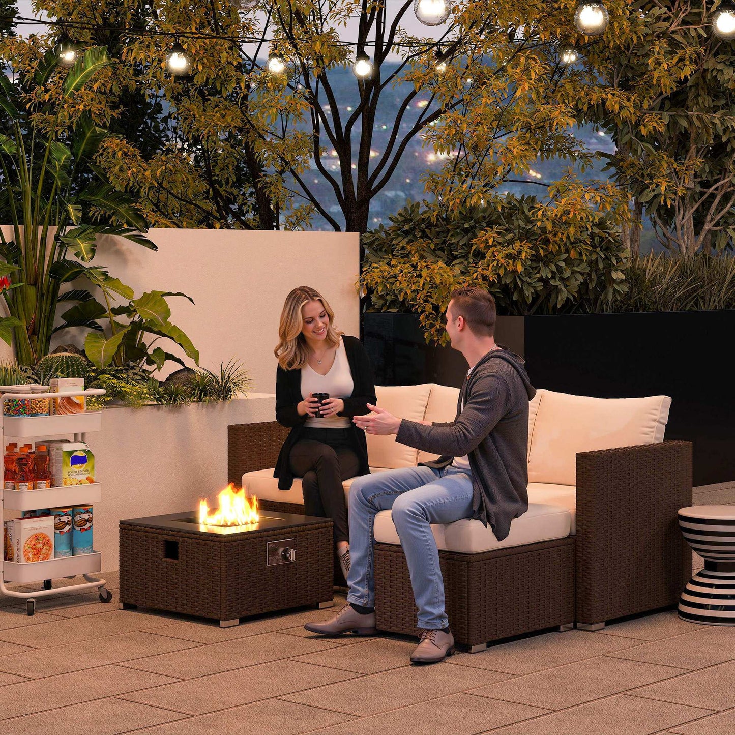 Outsunny Five Piece Rattan Garden Furniture Set with Gas Fire Pit Table and Footstool - Brown and Cream White