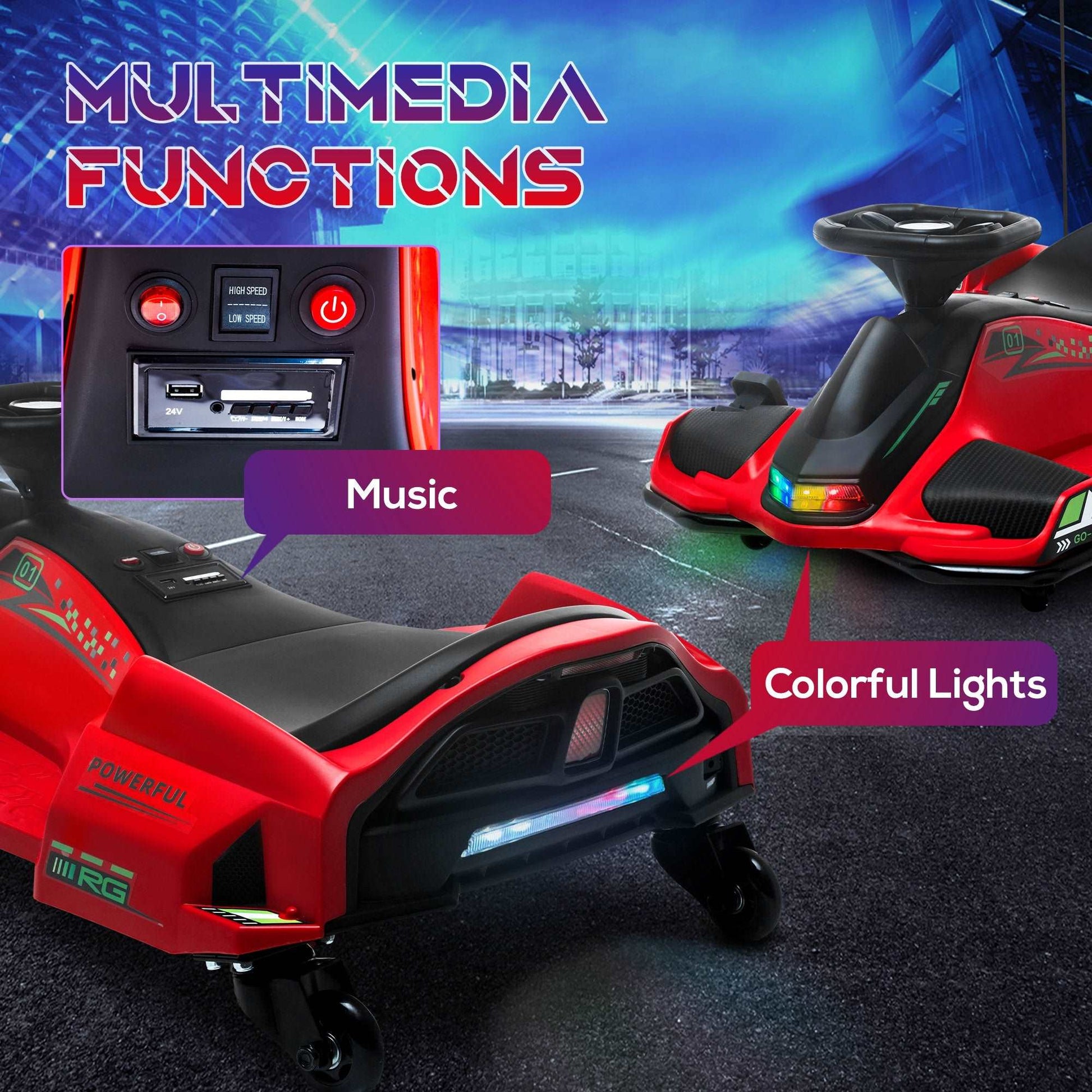 12V Kids Electric Go Kart with Music, LED Lights, Slow Start, Red