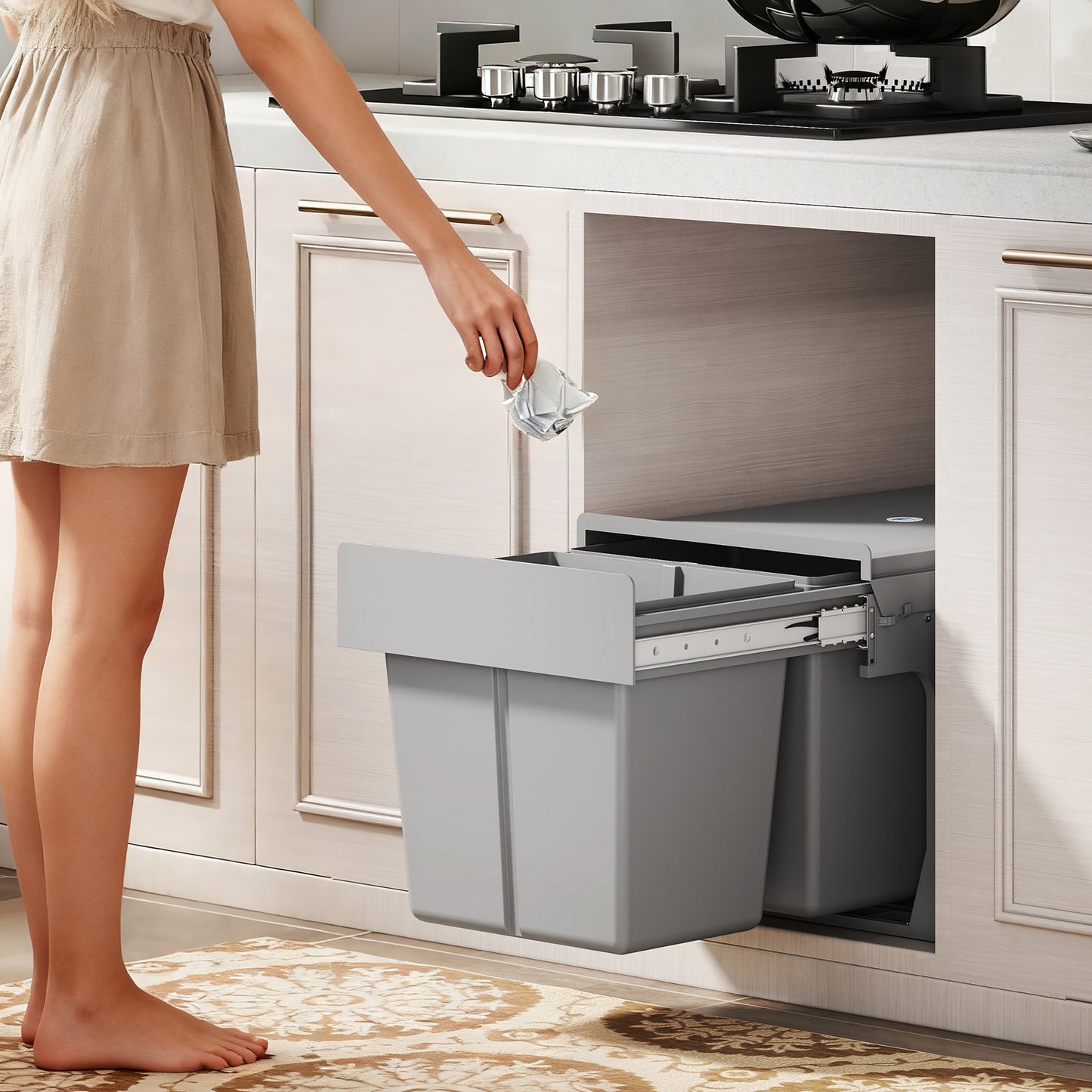Pull Out Bin, Under Sink Bin - 2 Removable Compartments (15L Each) for 400mm Cabinets, Light Grey