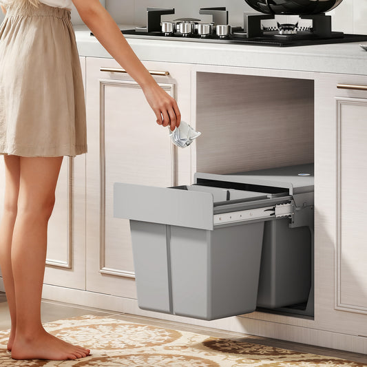 Pull Out Bin, Under Sink Bin - 2 Removable Compartments (15L Each) for 400mm Cabinets, Light Grey