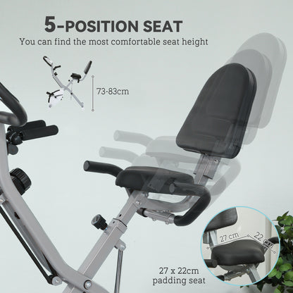 5-In-1 Folding Exercise Bike with Arm Workout Bands, Quiet 8-Level Magnetic Resistance Foldable Exercise Bike with LCD, Tablet Holder, White