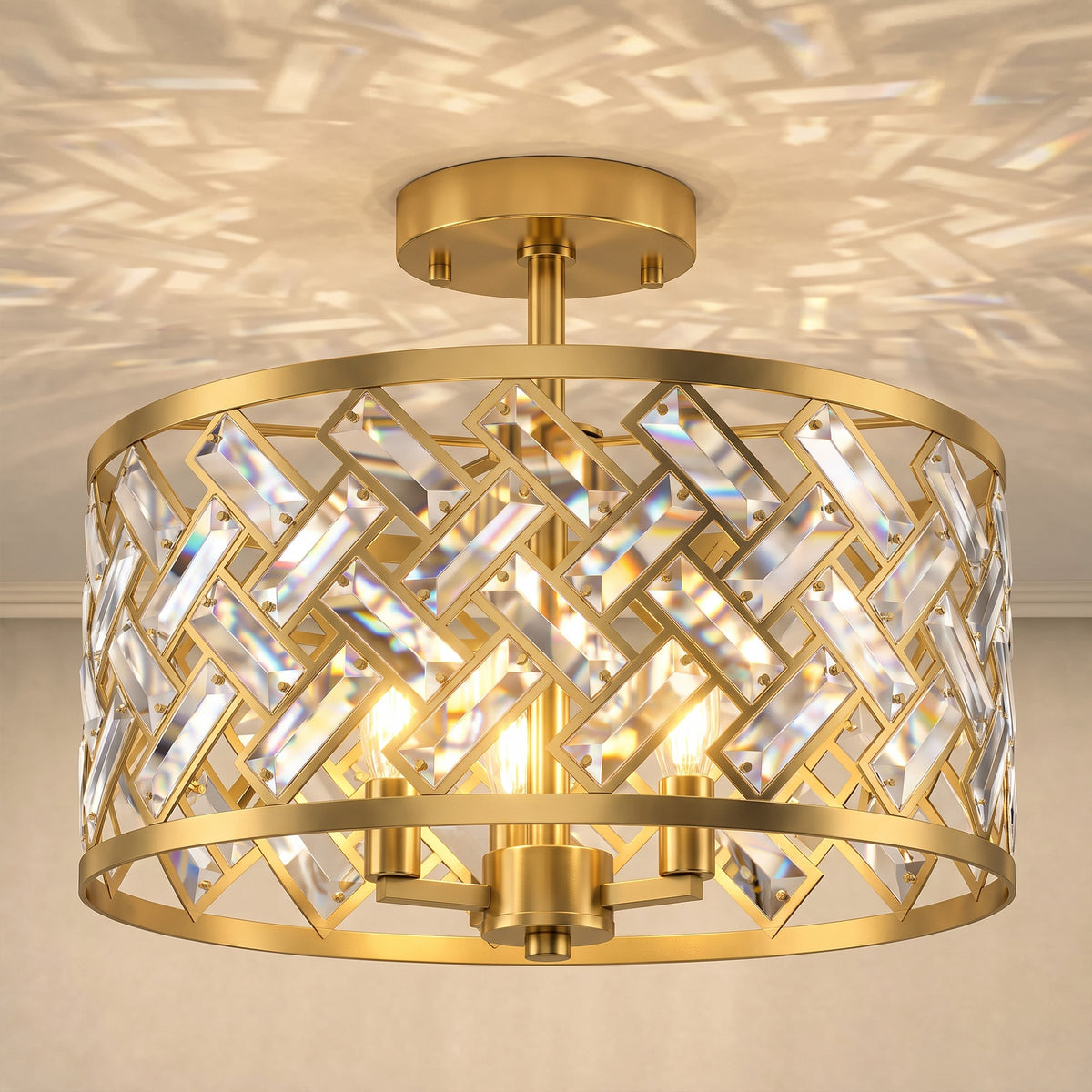 3-Light Crystal Drum Ceiling Light | 76 Crystal Prisms | 3x E14 Sockets | Electroplated Gold-Tone Frame | 39Dx34H cm | Max 40W per Bulb | LED Compatible | Ceiling >2.3m | Bulbs Not Included | Gold Tone