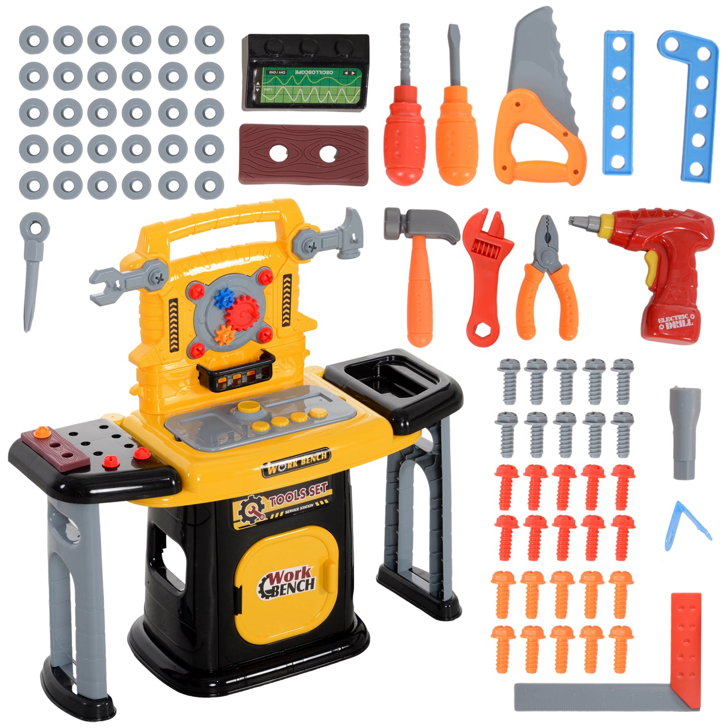 AIYAPLAY 102 Piece Kids Tool Bench with Electric Drill, Storage, for Ages 3-6, Yellow