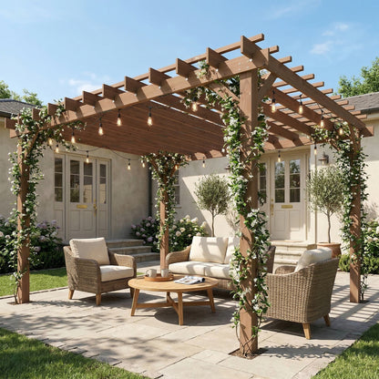 3.6 x 3 m Wooden Pergola Kit, Garden Pergola Gazebo Grape Trellis with Triangle Supports, Maple Wood-effect