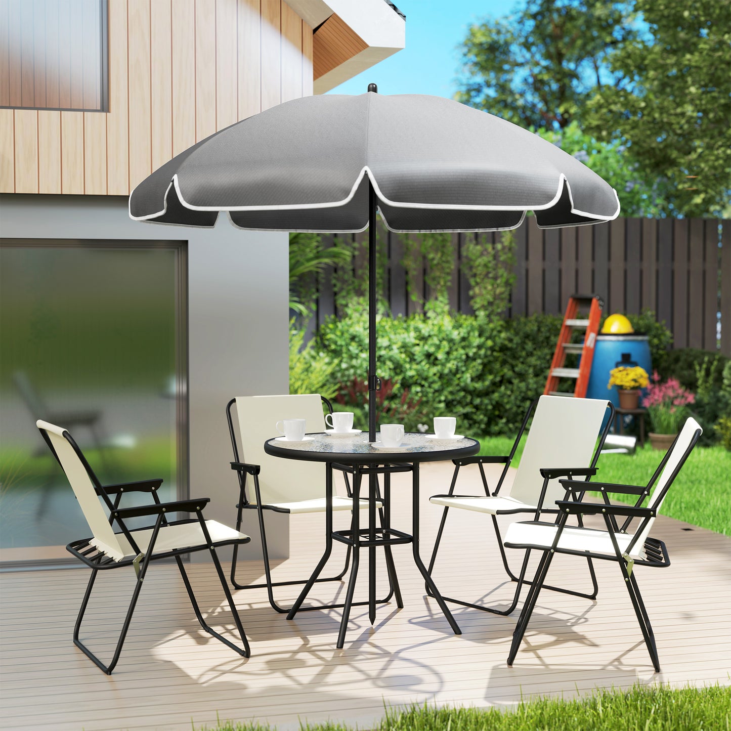 Outsunny 4 Seater Outdoor Garden Furniture Set, 6 Pieces Table and Chairs W/ Parasol, Folding Chairs and Round Glass Top Table for Patio, Cream White