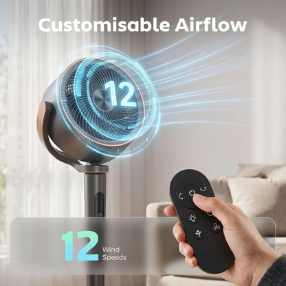 BLDC Pedestal Air Circulator Fan | 20dB Sleep Mode | 717 CFM | 12 Speeds | 3D Oscillation 70°+90° | Night Light & Aromatherapy | Washable Grill | 5m Remote | 12H Timer | 50W | 116.5cm | Grey