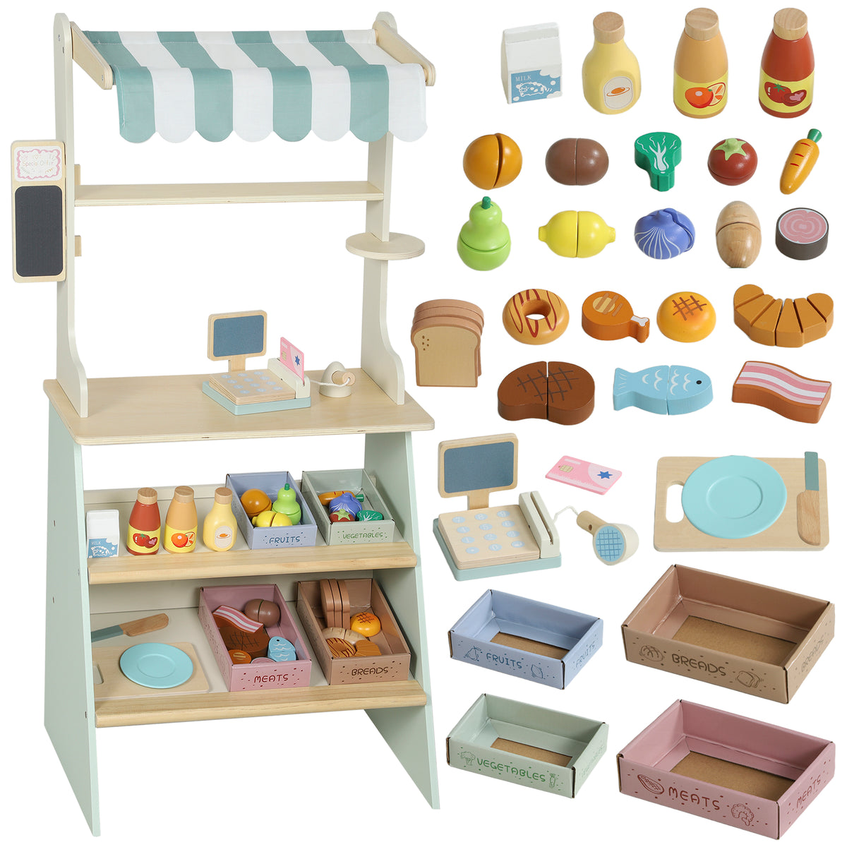 AIYAPLAY Wooden Toy Shop & Market Stall | Green | 40x30x92.5cm | 34 Accessories | Cash Register | Blackboard | Cuttable Food | 4 Storage Boxes | MDF & Wood | Rounded Edges | Age 3+