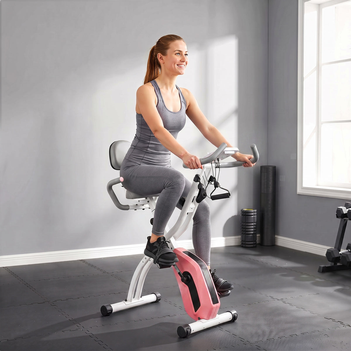 4-in-1 Folding Exercise Bike | Upright & Recumbent | Resistance Bands | Bluetooth Zwift & Kinomap | 8-Level Magnetic Resistance | 40dB | LCD Display | 120kg | Folds to 53.5x48x135cm | Pink