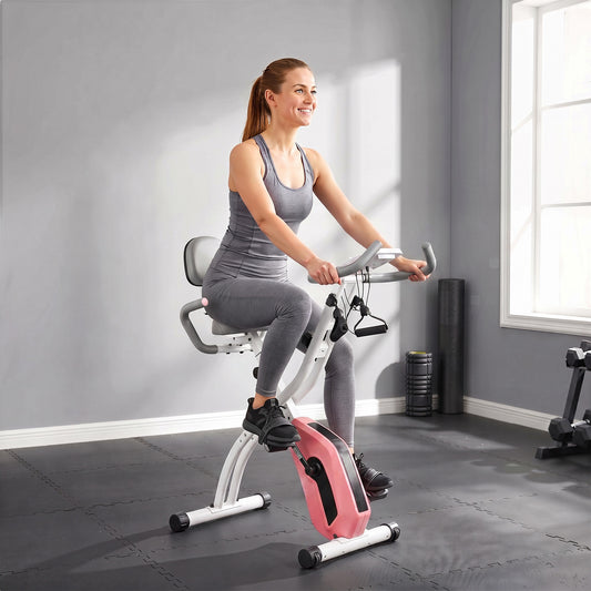 4-in-1 Folding Exercise Bike | Upright & Recumbent | Resistance Bands | Bluetooth Zwift & Kinomap | 8-Level Magnetic Resistance | 40dB | LCD Display | 120kg | Folds to 53.5x48x135cm | Pink