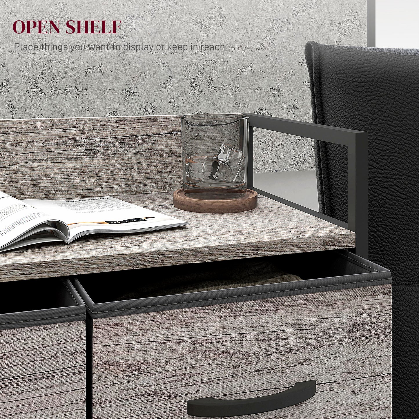 Retro Style Rustic Chest of Four Fabric Drawers - Grey Wood Effect