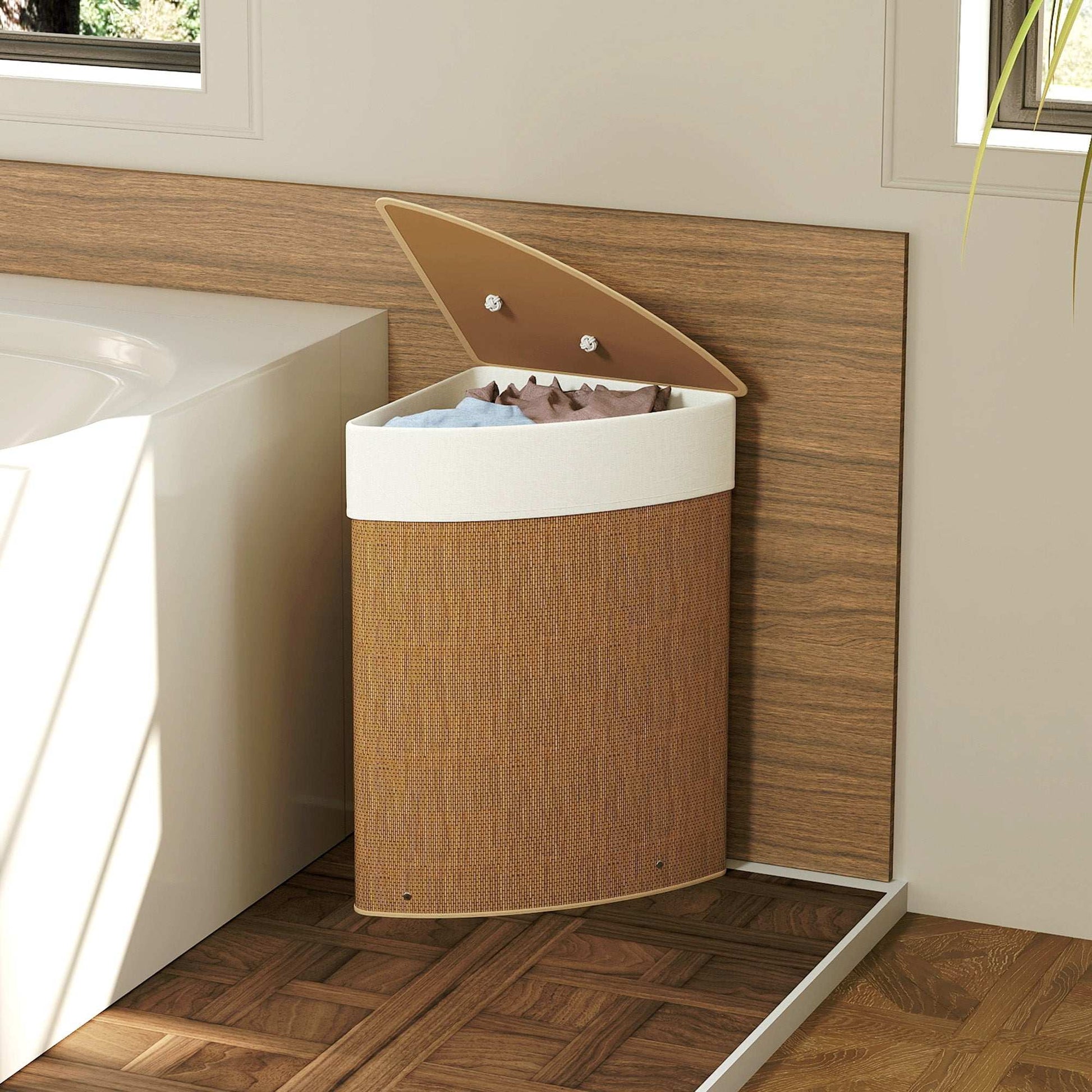 Bamboo Bathroom Triangle Laundry Basket with Lid, 55L Corner Hamper with Removable Washable Liner Bag, 35 x 35 x 60 cm, Brown