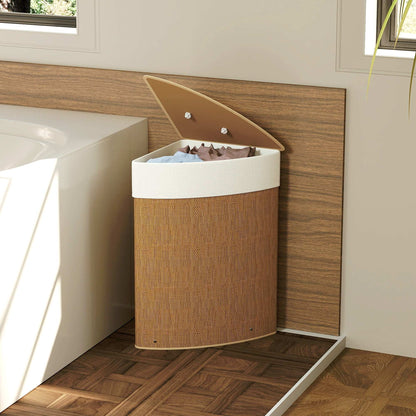 Bamboo Bathroom Triangle Laundry Basket with Lid, 55L Corner Hamper with Removable Washable Liner Bag, 35 x 35 x 60 cm, Brown