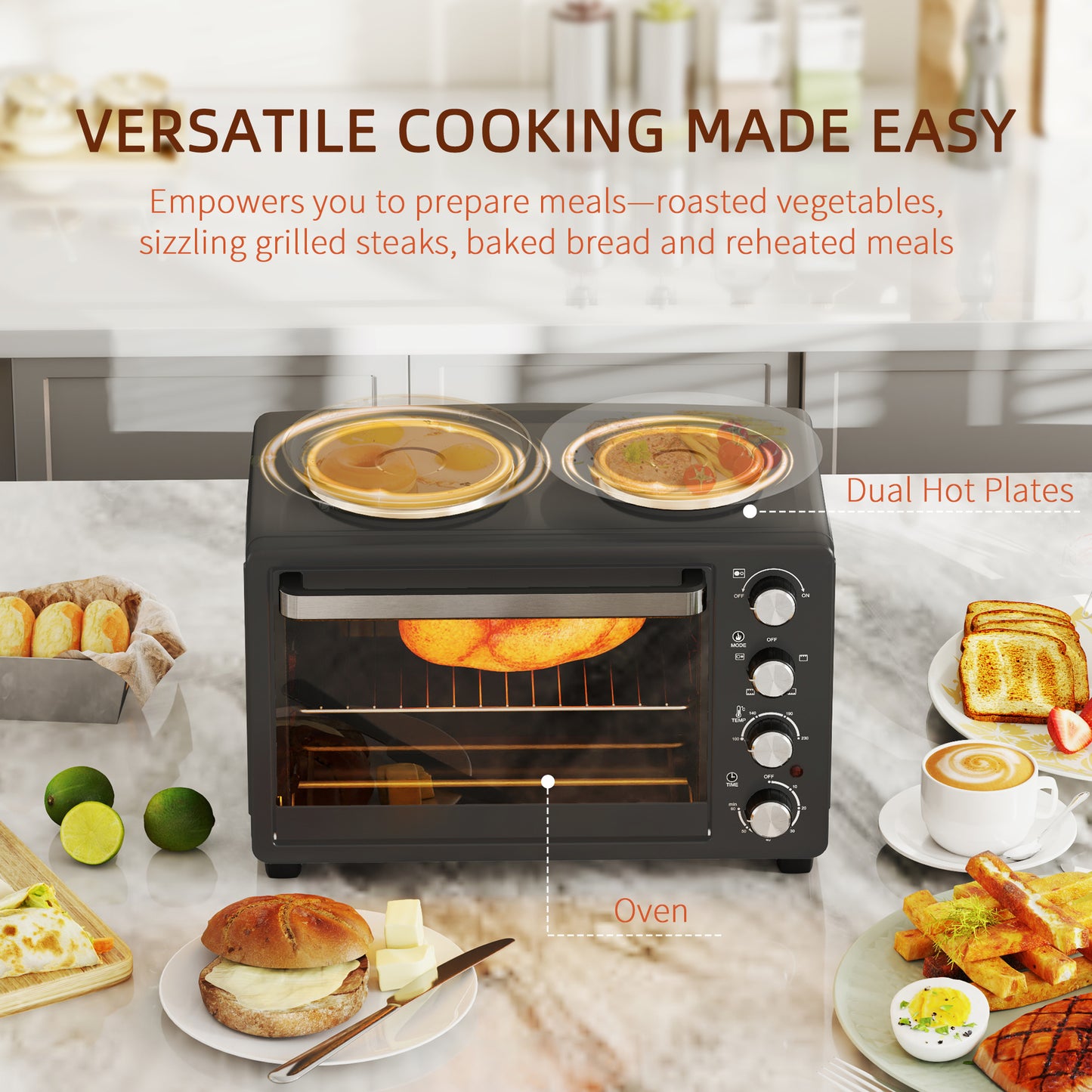 28L Countertop Toaster Mini Oven W/ 2 Hot Plates, Grill, Roast, Bake, Boil, with Timer, Adjustable Temperature, Electric Oven, Black